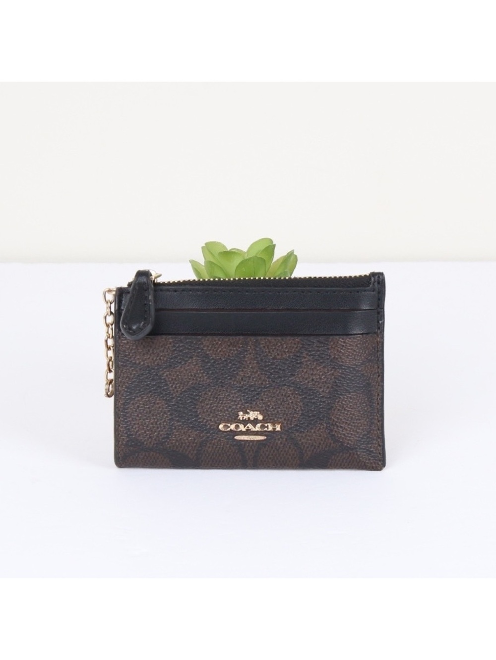 Coach Mini Skinny ID Case Signature Canvas Walnut Black CW870 Wallet Keychain
